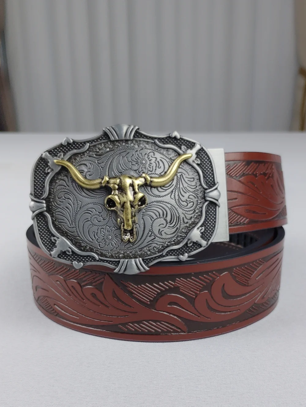 Belt Road Brown Tooled Leather Western Belt with Longhorn Buckle